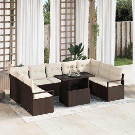 Conjunto de sofá de jardín con cojín 10 pcs Marrón y crema