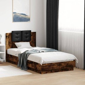 Cama con cabecero madera de ingeniería roble ahumado 90x190 cm Cama con cabecero madera de ingeniería roble ahumado 90x190 cm