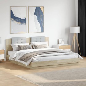 Estructura de cama cabecero luces LED roble Sonoma 180x200 cm