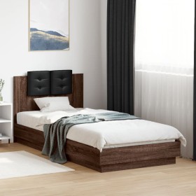 Estructura de cama cabecero luces LED roble marrón 90x200 cm