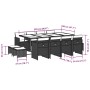 Set comedor de jardín con cojines 13 pzas ratán sintético negro
