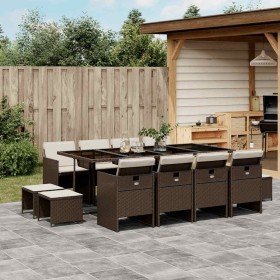 Set muebles de jardín 13 pzas y cojines ratán sintético marrón