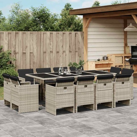 Set comedor jardín y cojines 13 pzas ratán sintético gris claro