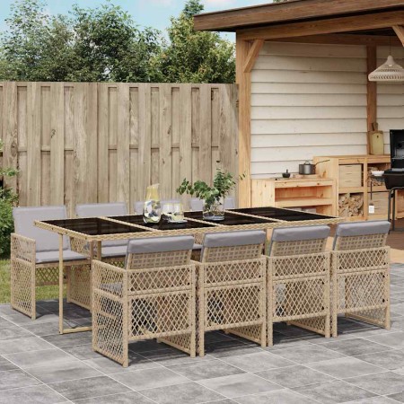 Set comedor de jardín 9 pzas con cojines ratán sintético beige