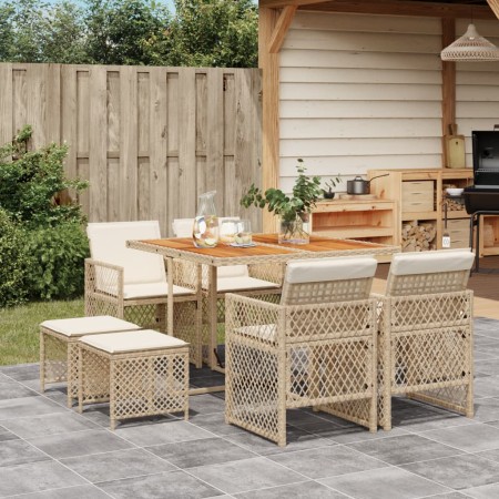Set comedor de jardín 9 pzas con cojines ratán sintético beige