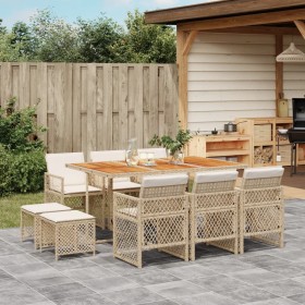 Set comedor de jardín 11 pzas con cojines ratán sintético beige