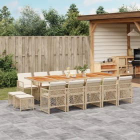 Set comedor de jardín con cojines 15 pzas ratán sintético beige
