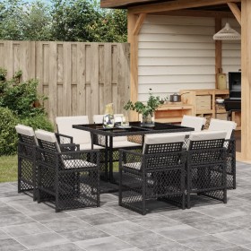 Set de comedor de jardín 9 pzas y cojines ratán sintético negro