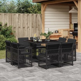Set de comedor de jardín 9 pzas y cojines ratán sintético negro