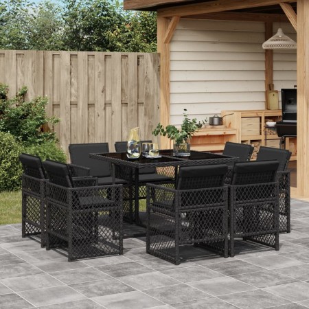 Set de comedor de jardín 9 pzas y cojines ratán sintético negro