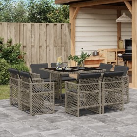 Set comedor jardín 9 pzas y cojines ratán sintético gris