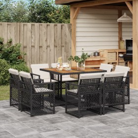 Set de comedor de jardín 9 pzas y cojines ratán sintético negro