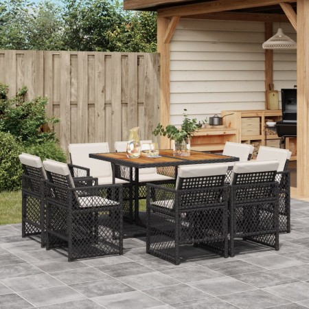 Set de comedor de jardín 9 pzas y cojines ratán sintético negro
