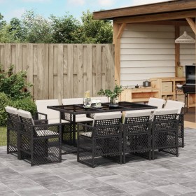 Set de comedor jardín 11 pzas con cojines ratán sintético negro