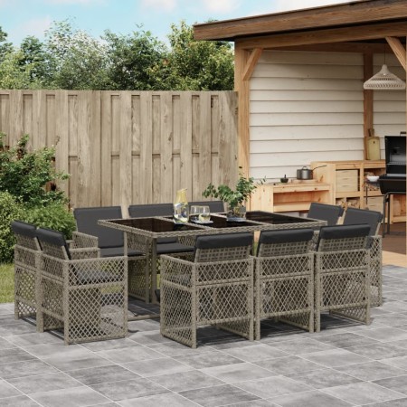 Set de comedor de jardín 11 pzas y cojines ratán sintético gris