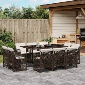 Set comedor de jardín 11 pzas y cojines ratán sintético marrón