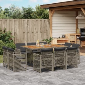 Set de comedor de jardín 11 pzas y cojines ratán sintético gris