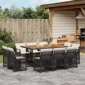 Set de comedor jardín 11 pzas con cojines ratán sintético negro