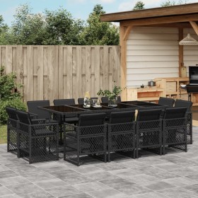 Set comedor de jardín con cojines 13 pzas ratán sintético negro