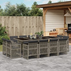 Set comedor de jardín con cojines 13 pzas ratán sintético gris