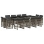 Set comedor de jardín con cojines 13 pzas ratán sintético gris