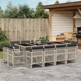 Set comedor jardín y cojines 13 pzas ratán sintético gris claro