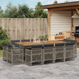 Set comedor de jardín con cojines 13 pzas ratán sintético gris