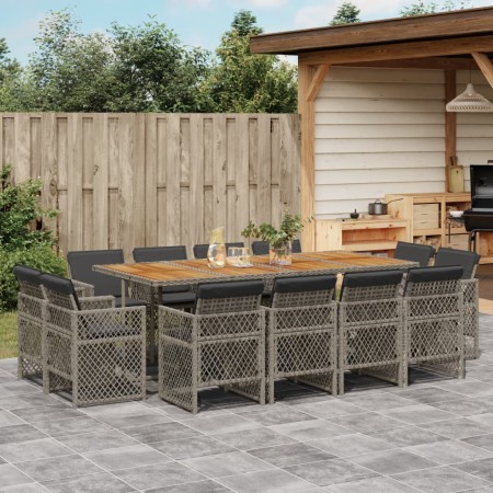 Set comedor de jardín con cojines 13 pzas ratán sintético gris