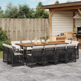 Set comedor de jardín con cojines 13 pzas ratán sintético negro