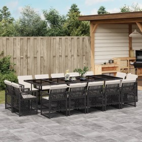 Set comedor de jardín con cojines 15 pzas ratán sintético negro