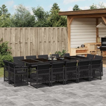 Set comedor de jardín con cojines 15 pzas ratán sintético negro