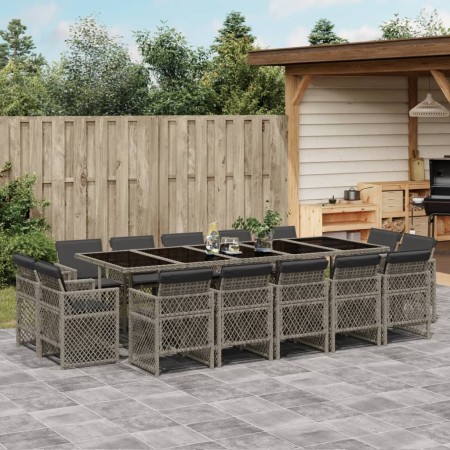 Set comedor de jardín con cojines 15 pzas ratán sintético gris