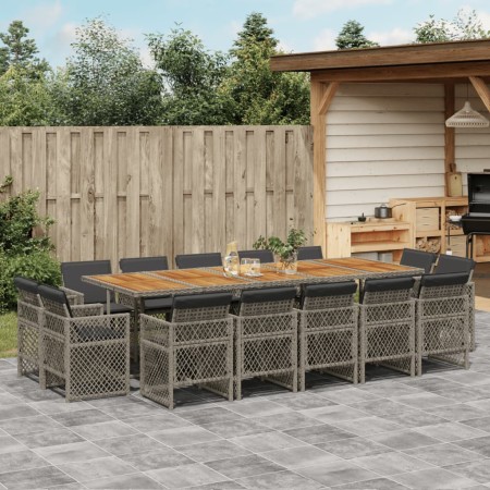 Set comedor de jardín con cojines 15 pzas ratán sintético gris