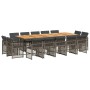 Set comedor de jardín con cojines 15 pzas ratán sintético gris