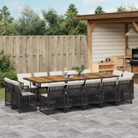 Set comedor de jardín con cojines 15 pzas ratán sintético negro