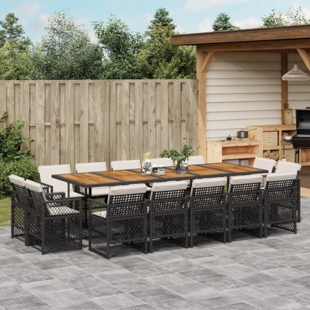 Set comedor de jardín con cojines 15 pzas ratán sintético negro