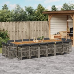 Set comedor de jardín 17 pzas y cojines ratán sintético gris