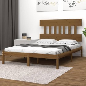 Estructura de cama doble madera maciza marrón miel 135x190 cm