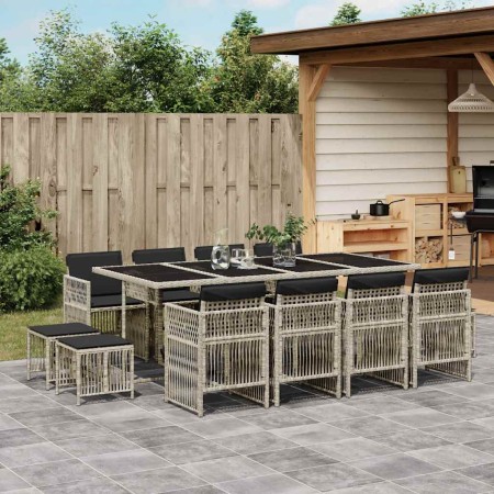 Set comedor jardín y cojines 13 pzas ratán sintético gris claro