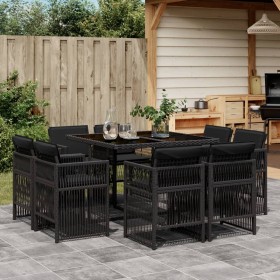 Set de comedor de jardín 9 pzas y cojines ratán sintético negro