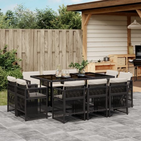 Set de comedor jardín 11 pzas con cojines ratán sintético negro