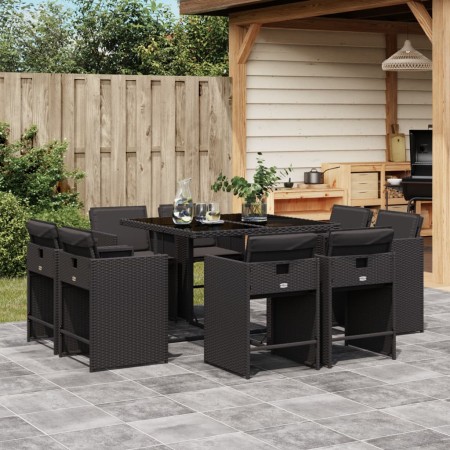Set de comedor de jardín 9 pzas y cojines ratán sintético negro