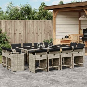 Set comedor jardín y cojines 13 pzas ratán sintético gris claro