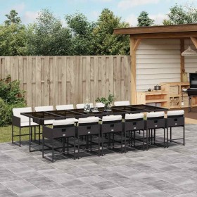 Set comedor de jardín con cojines 13 pzas ratán sintético negro