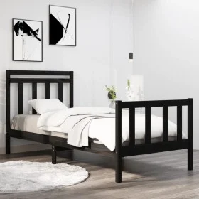 Black single solid wood bed frame 75x190 cm by vidaXL, Beds and slatted bases - Ref: Foro24-3105344, Price: 120,46 €, Discoun...