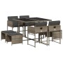 Set comedor jardín 9 pzas y cojines ratán sintético gris