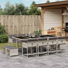 Set comedor jardín y cojines 13 pzas ratán sintético gris claro