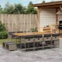 Set comedor de jardín con cojines 13 pzas ratán sintético gris
