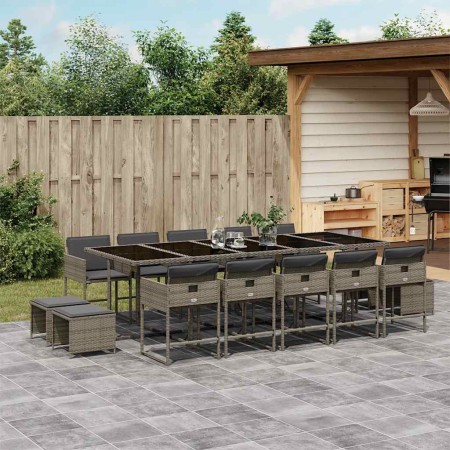 Set comedor de jardín con cojines 15 pzas ratán sintético gris