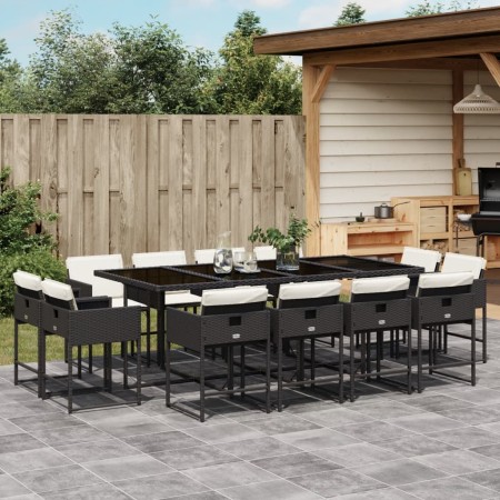 Set comedor de jardín con cojines 13 pzas ratán sintético negro